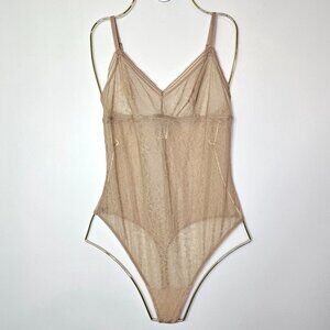 NWOT b.tempt’d by Wacoal Floral Sheer Lace Mesh Thong Bodysuit Beige Nude